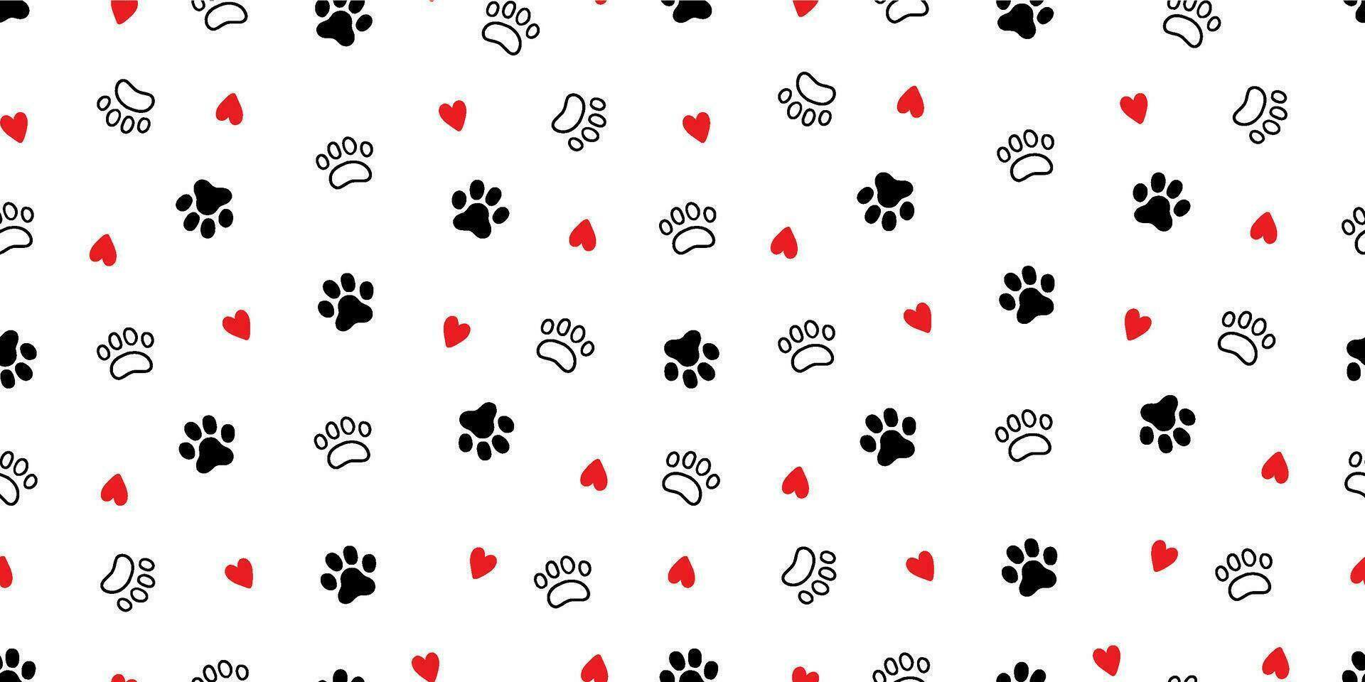 Pet footprint seamless pattern. Pet animal dog, cat footprint background with heart. Puppy valentine texture doodle wallpaper vector