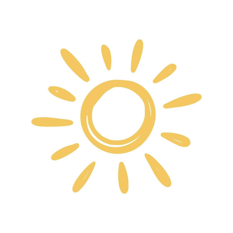Doodle sun sketch illustration. Hand drawn cute orange sunshine. Scribble doodle children drawn style. Vector