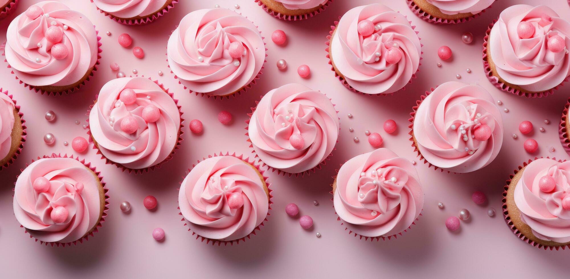 AI generated pink cup cakes with icing photo