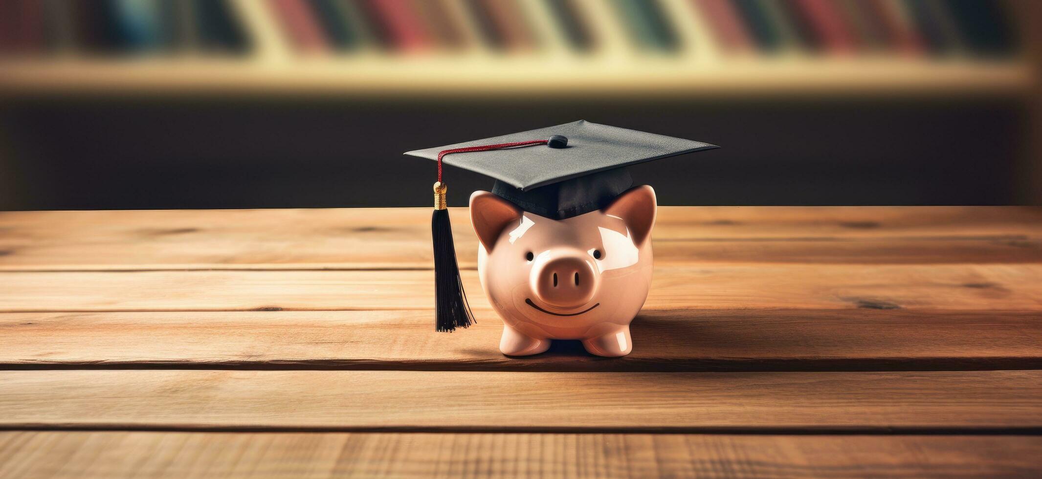 AI generated piggy bank with graduation hat on wooden table photo