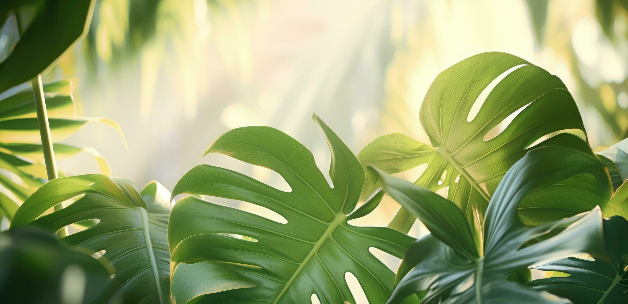 AI generated potted monstera leaf leaves with sunlight at the base photo