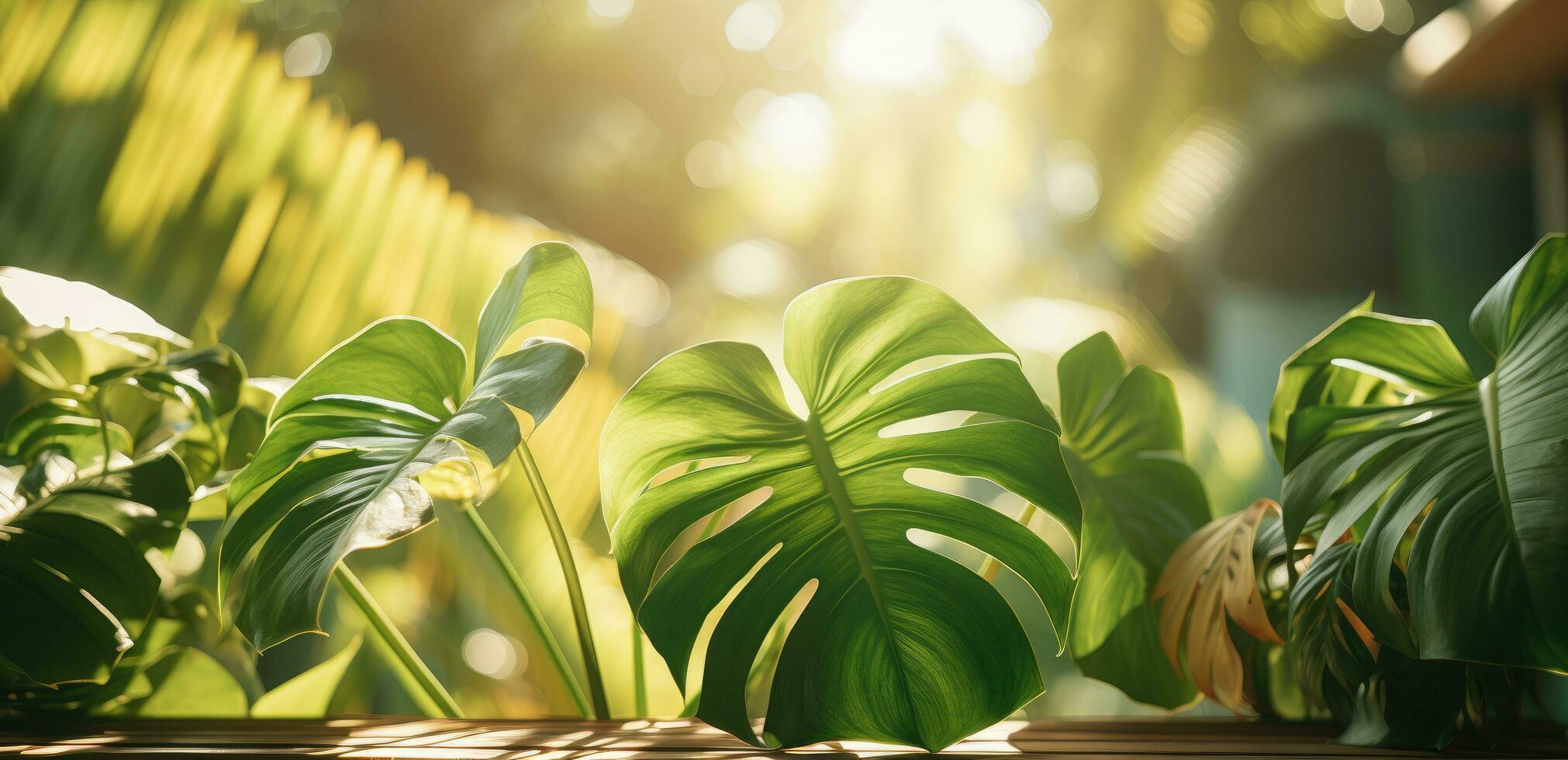AI generated potted monstera leaf leaves with sunlight at the base photo