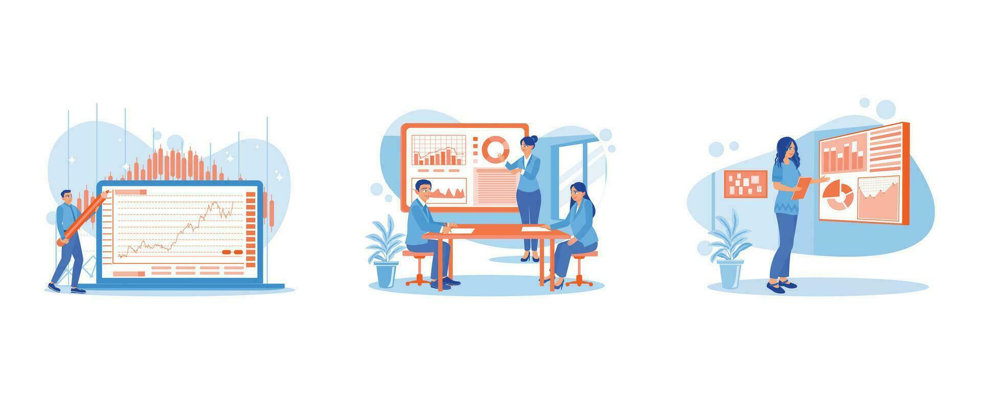 Holding a giant pencil in front of the screen. Analyze growth charts. Sales meeting presentation. Growth Analysis Concept. set trend modern vector flat illustration