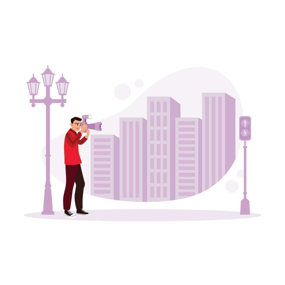 Young photographer creates beautiful pictures with a retro film camera. Create beautiful photos on the street with urban buildings in the background. Various occupations people concept. vector