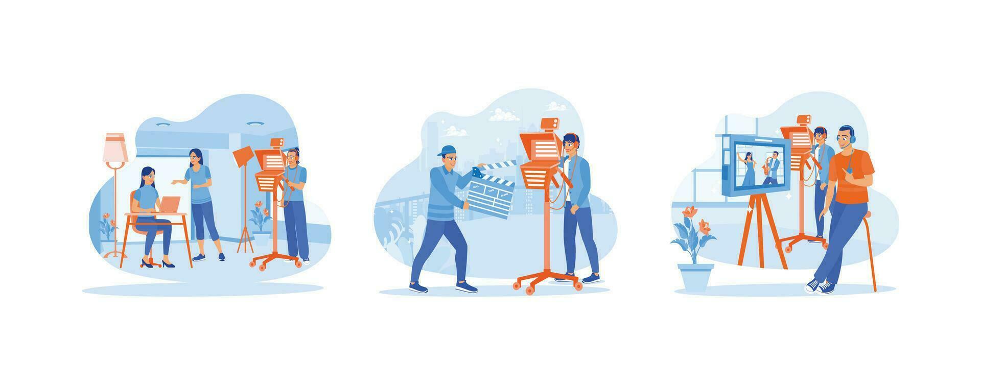 Video Editor concept. Cameraman with assistant and female model working. Man holding a film clapper and a camera operator and filming a music event. set trend modern vector flat illustration