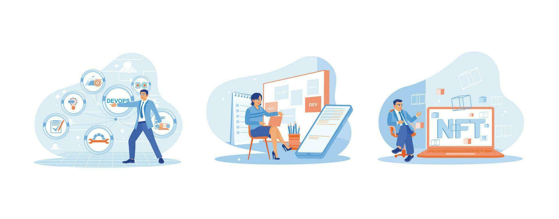 APP devs concept. I am touching the DEVOPS button on the virtual screen. Female IT developer sitting in a chair at work. Businessman showing NFT hologram. set trend modern vector flat illustration