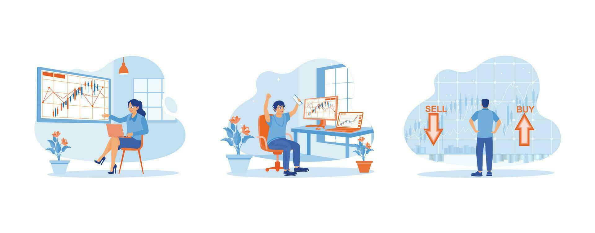 Stock Trading concept. Analyze stock trading indices. Celebrate trading success. I am selling or buying shares. set trend modern vector flat illustration