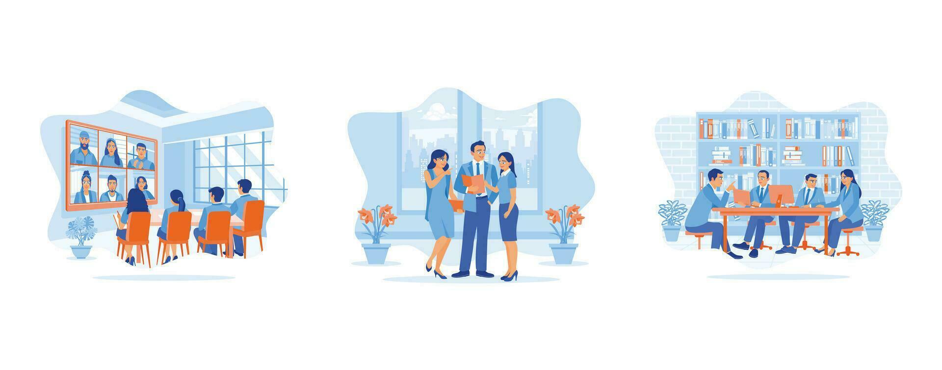 Discuss Information concept. Global corporate online video conference. Group of young businesspeople standing. Discuss during meetings. Set Trend Modern vector flat illustration