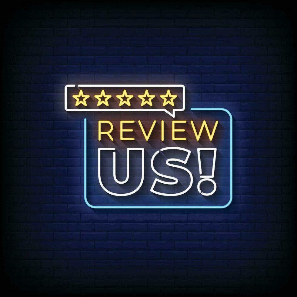 Neon Sign review us with brick wall background vector