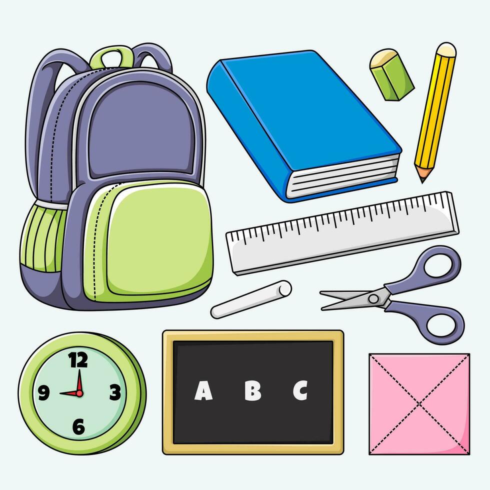 conjunto de colegio suministros, adecuado para niños, dibujos animados elementos, vector, ilustración. vector