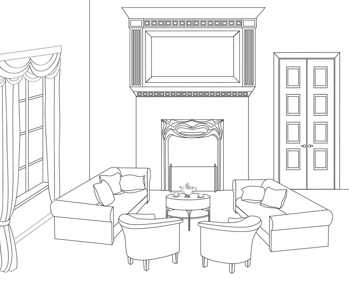 Home living room interior with fire place in luxury retro style. vector