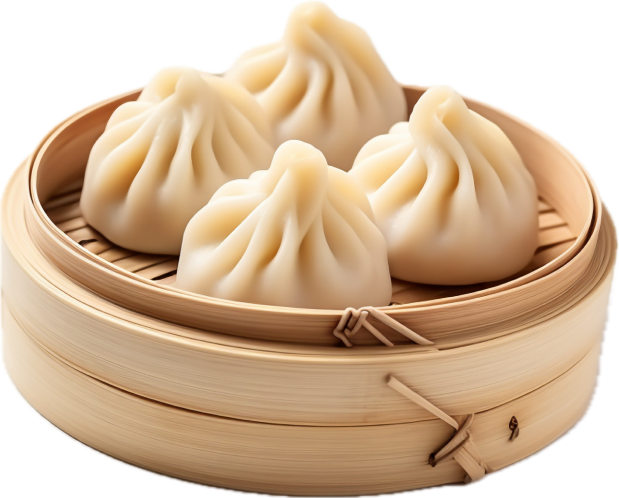 AI generated steamed stuff custard bun in bamboo basket png