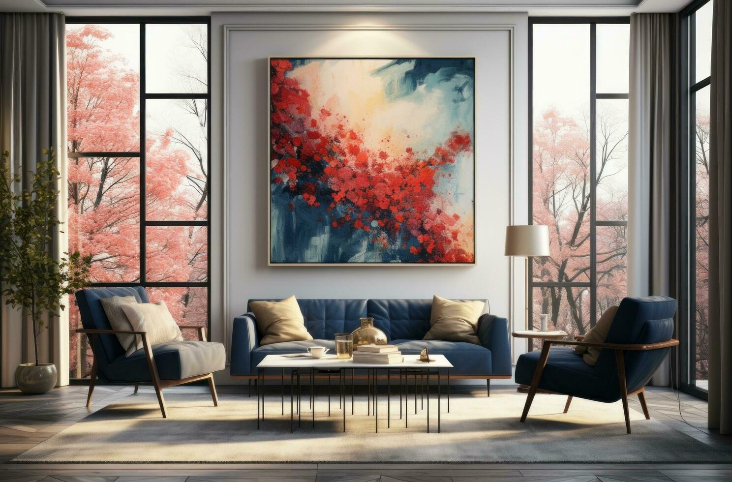 ai generado contemporáneo vivo habitación con grande ventanas y un moderno pintura foto