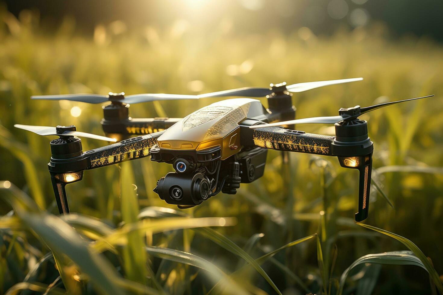 ai generado zumbido imagen volador terminado un arroz campo con un girasol en antecedentes foto