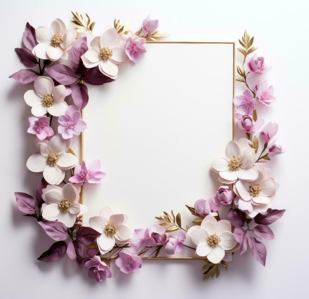 AI generated flowers and frame on white surface photo