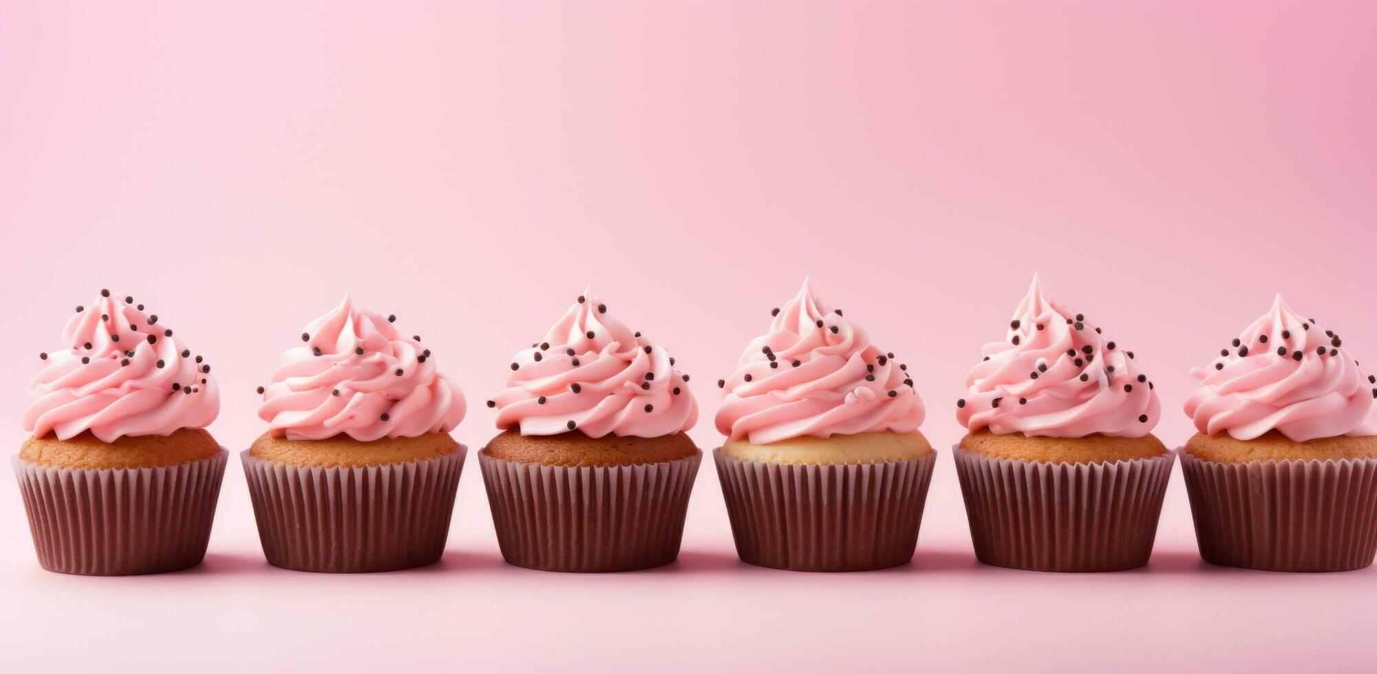 AI generated cupcakes with pink frosting are in a row on a pink background photo