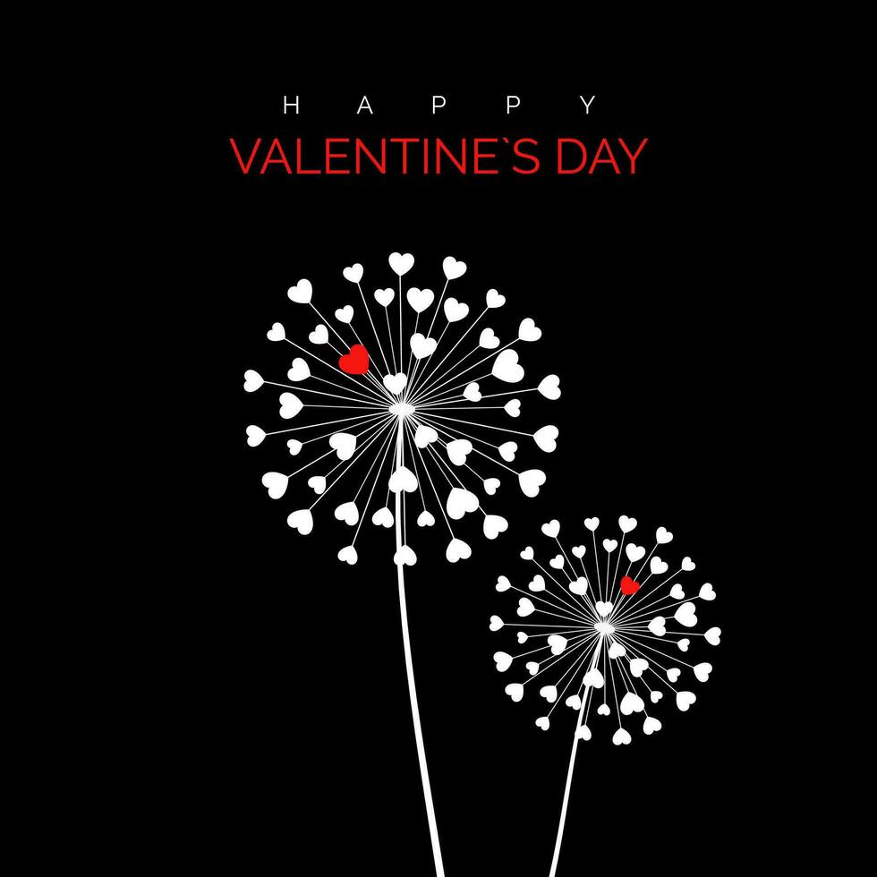 Couple of dandelion with red hearts. Happy Valentine day greeting card on black background. White blowball with red heart symbol of love. Vector