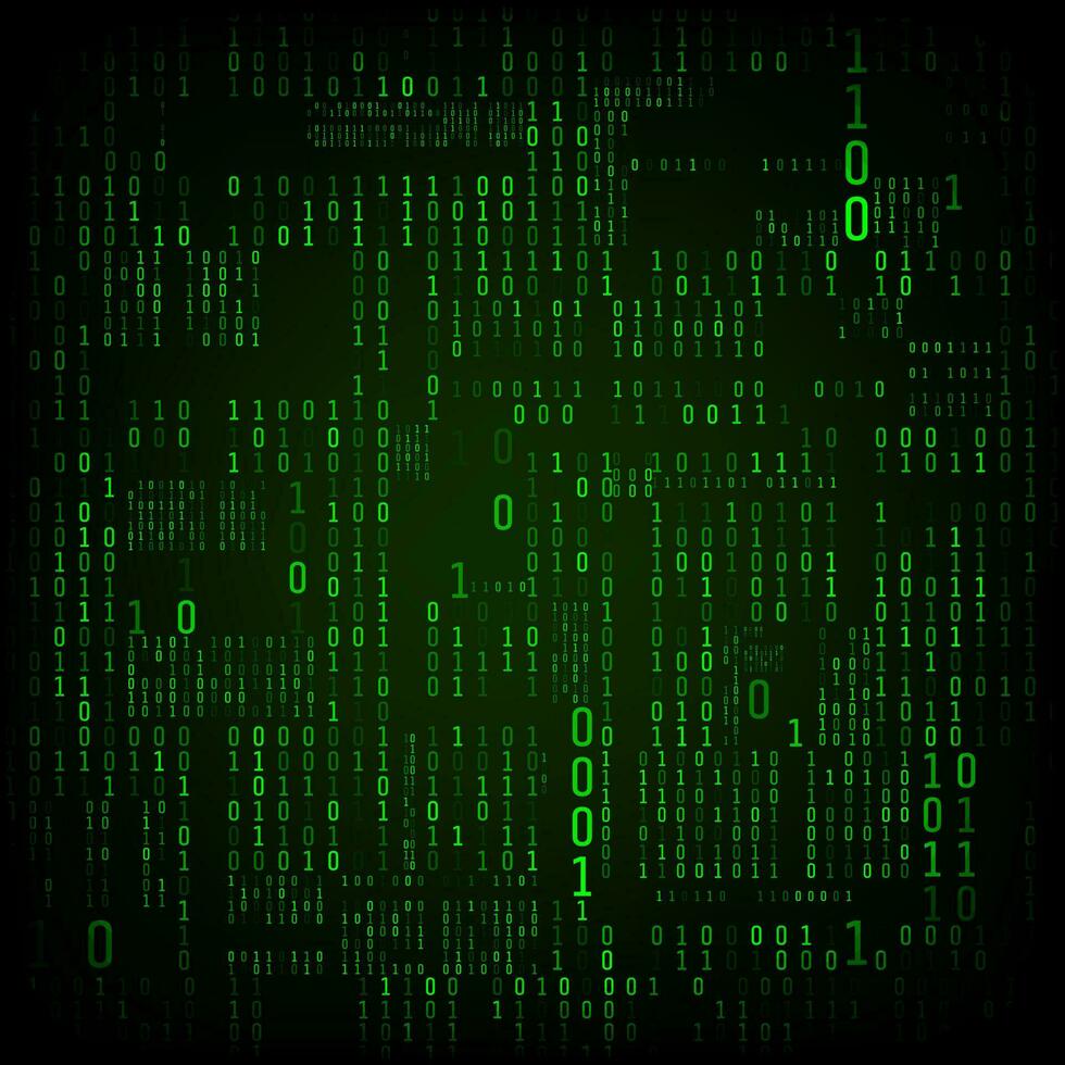 Matrix of binary numbers. Binary computer code. Green digital numbers. Futuristic or sci fi hacker abstraction backdrop. Random numbers falling on the dark background. Vector illustration