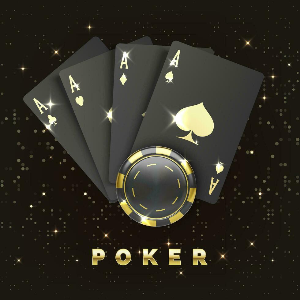 Four black poker cards with gold suit and casino chip. Quads or four of a kind by ace and gambling chip. Casino banner or poster in royal style. Vector illustration