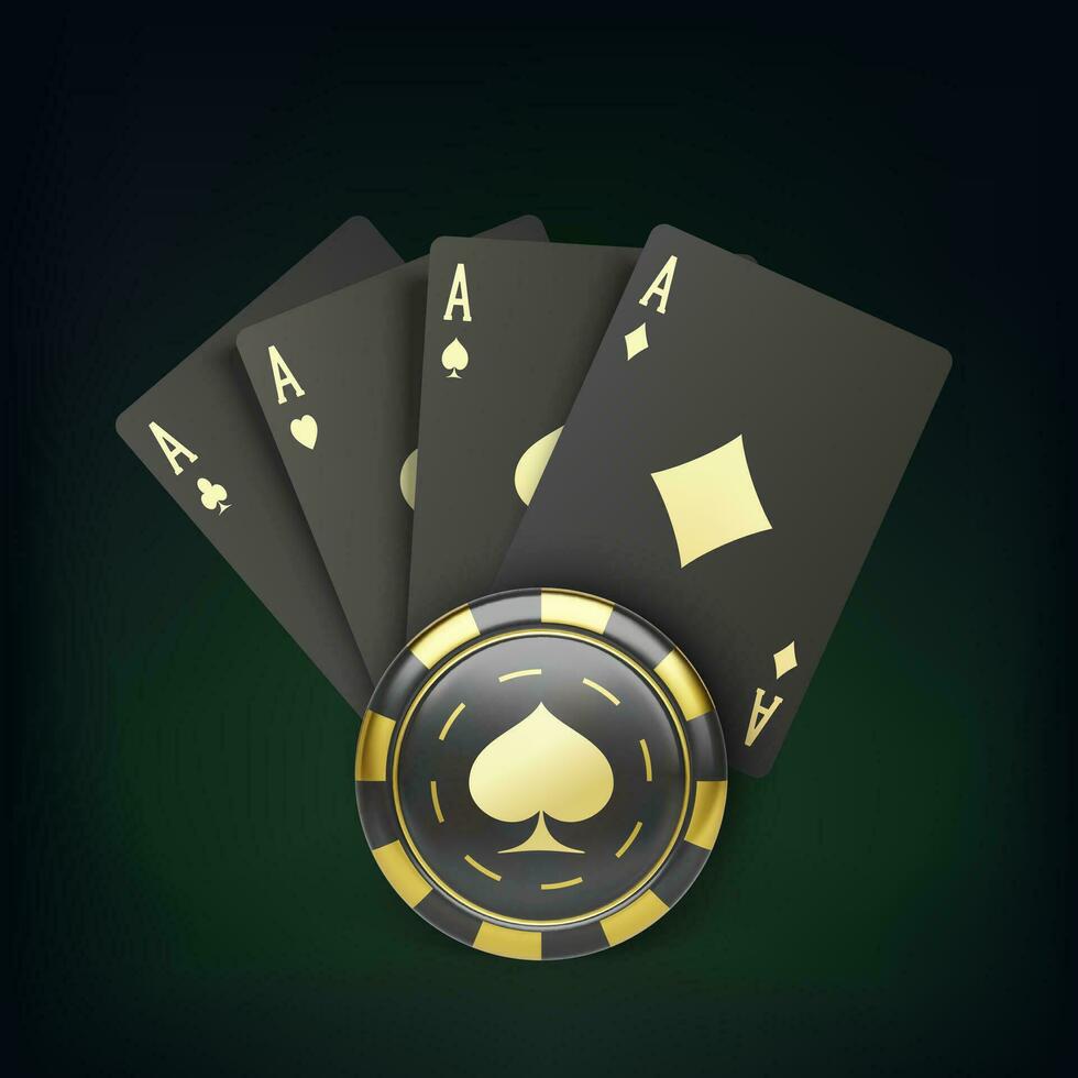 Four black poker cards with gold suit and casino chip. Quads and gambling chip. Casino banner or poster in royal style. Vector illustration