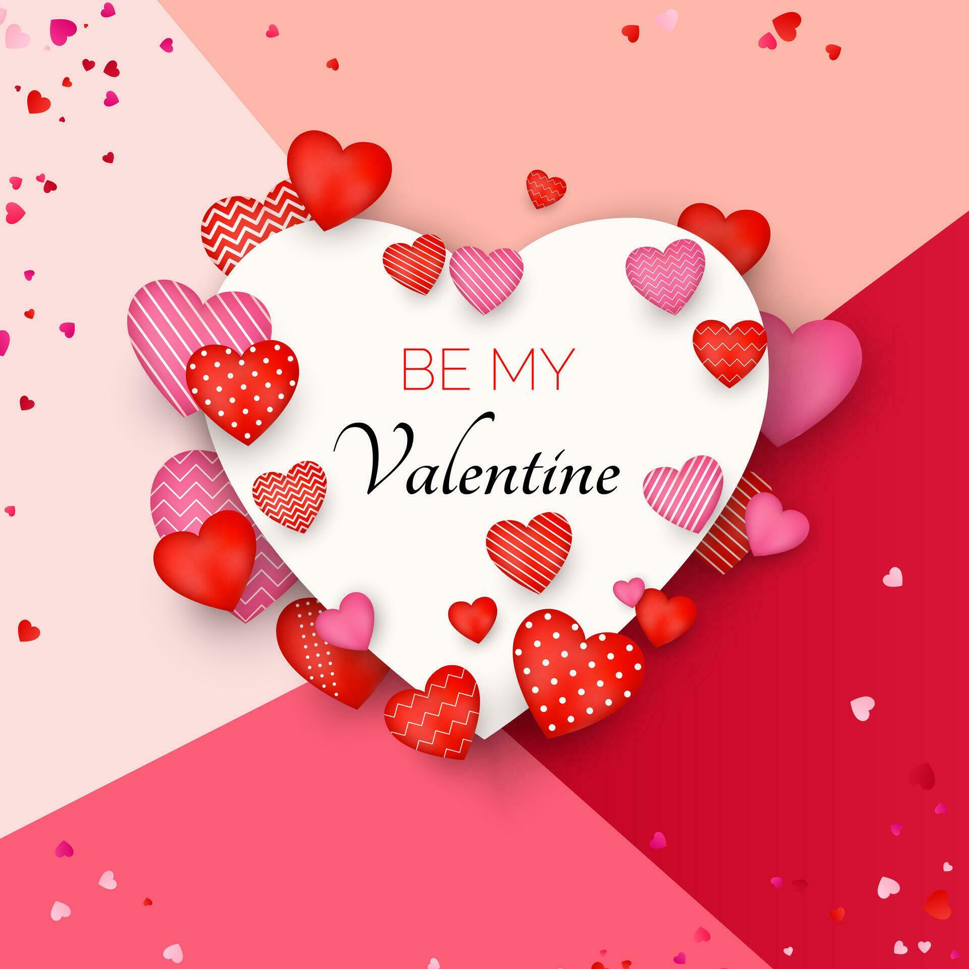 Be my Valentine card. Red and pink Hearts around white card with