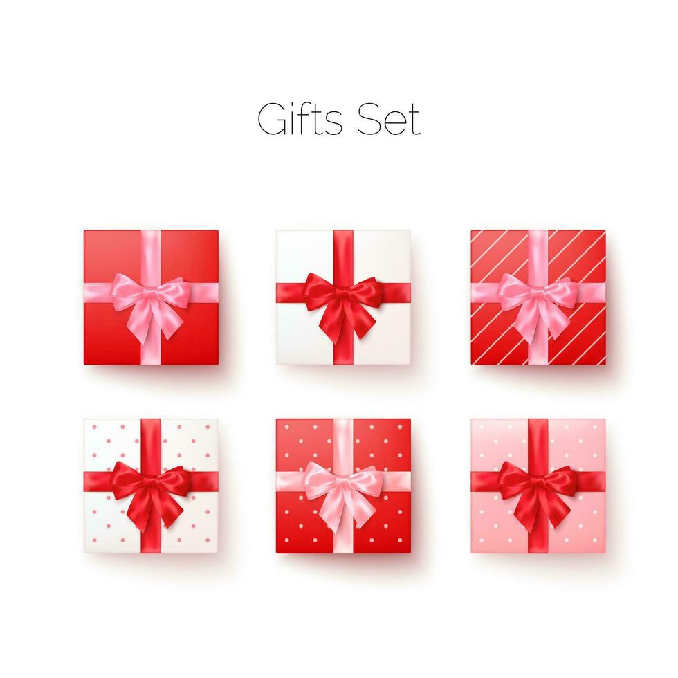 Realistic set of gift boxes with silk bows top view. Square and heart shape boxes. Vector