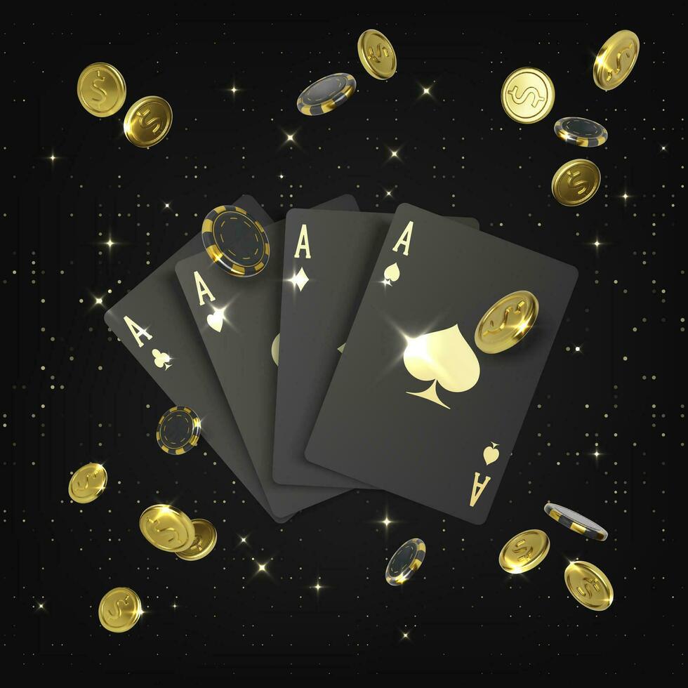 Casino big win poster. Black 3d playing cards aces and falling golden coin and poker chips. Design element for gambling banner. Vector illustration