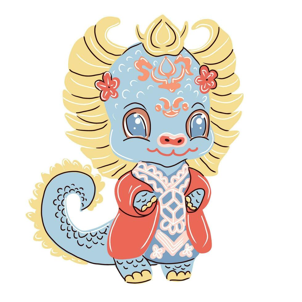 Chinese New Year of Dragon, cute little baby dragon in national Chinese costume. Vector illustration.