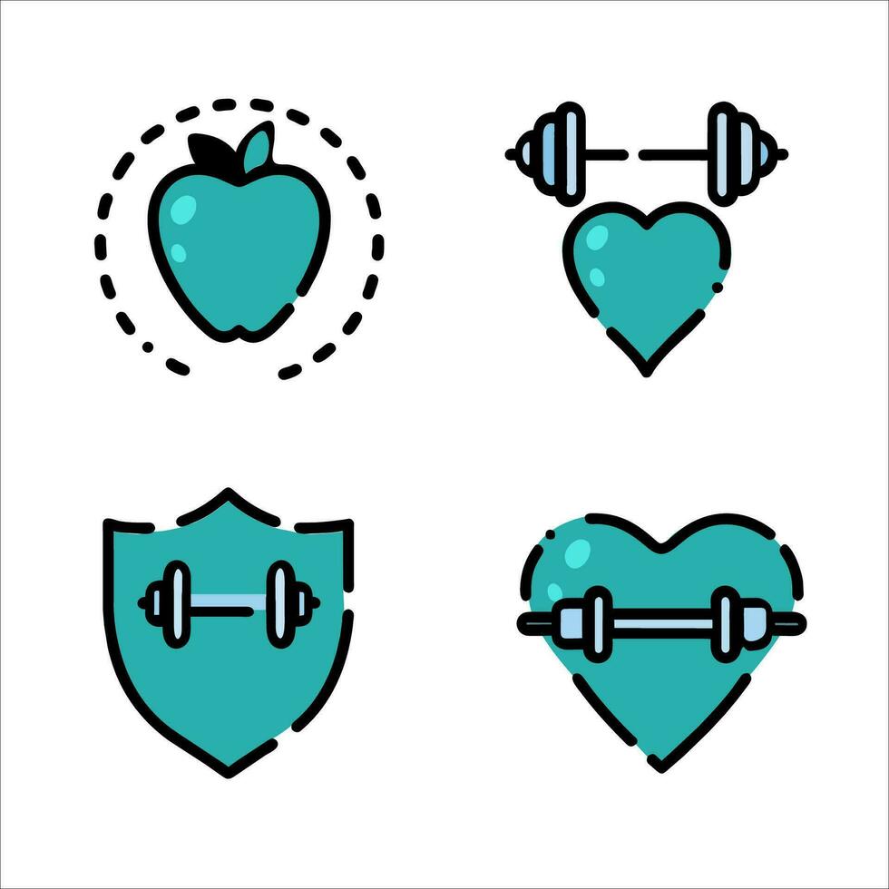 Fitness icon set. Heart, dumbbells, apple, shield. Vector illustration.