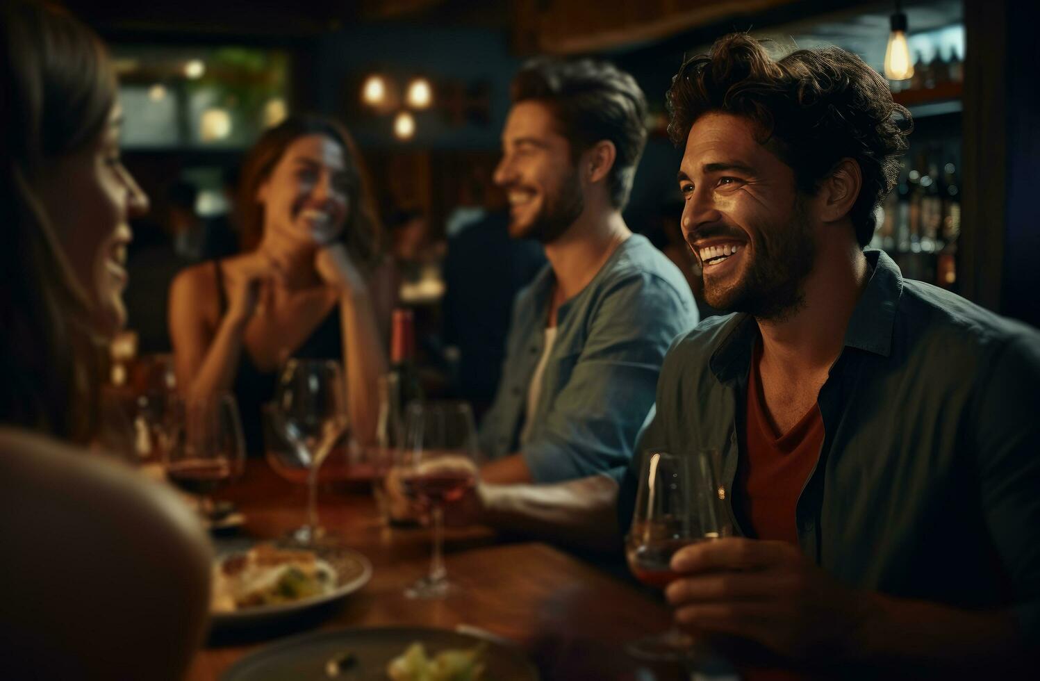 AI generated friends smiling at wine while dining together at a restaurant dinner photo