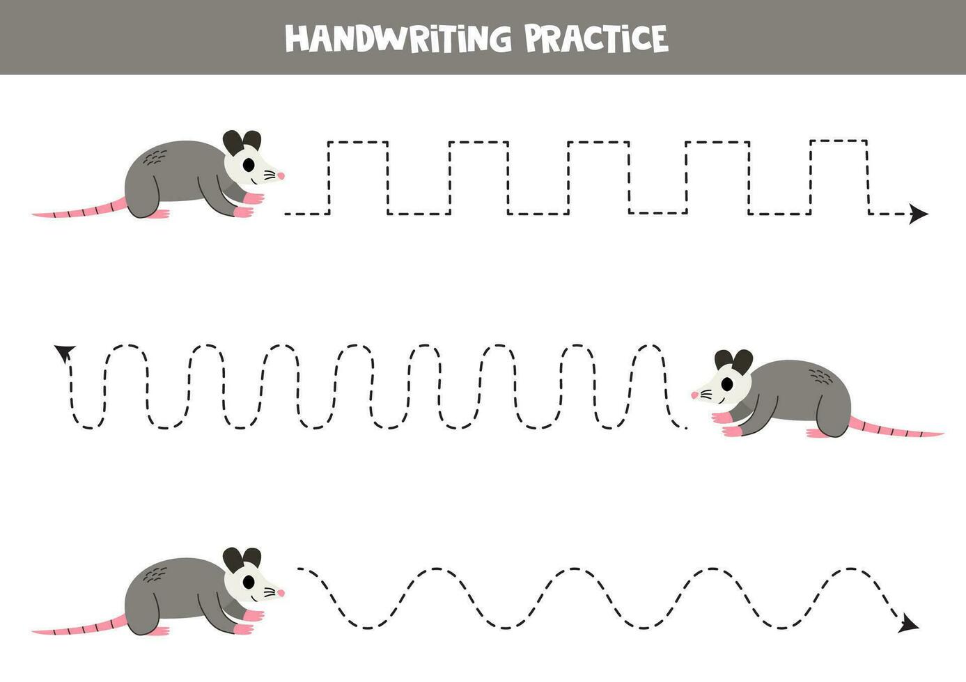 Tracing lines for kids.  Cute cartoon opossum. Handwriting practice. vector