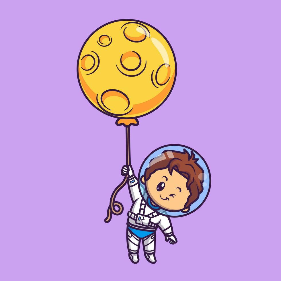 Cute Boy Astronaut Floating With Moon Balloon Cartoon Vector Icon Illustration. People Science Icon Concept Isolated Premium Vector. Flat Cartoon Style