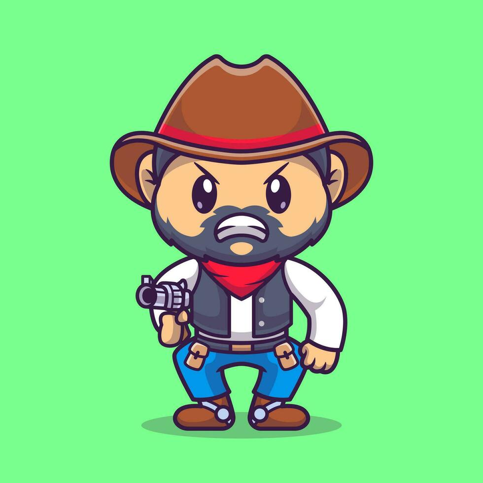 Angry Cowboy Holding Gun Cartoon Vector Icon Illustration. People Holiday Icon Concept Isolated Premium Vector. Flat Cartoon Style