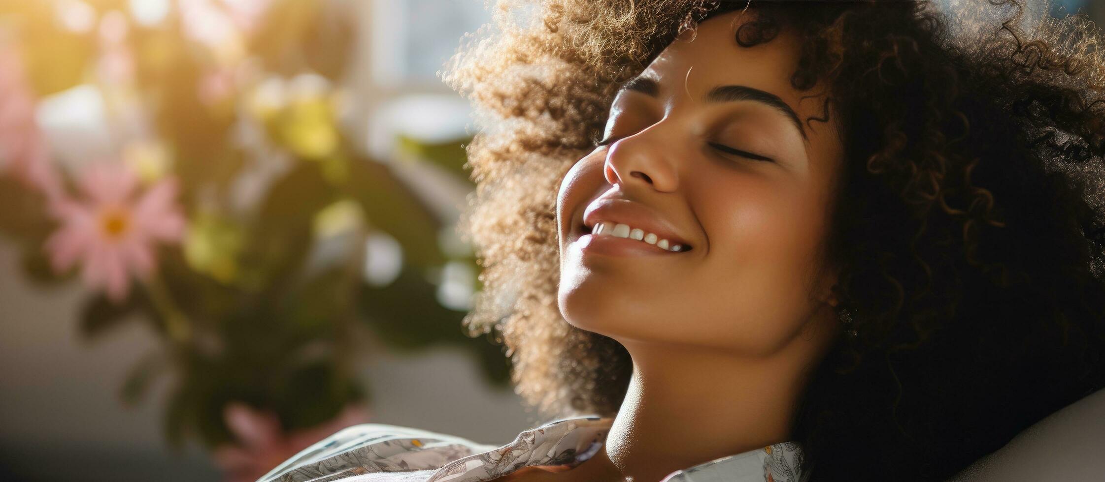 ai generado contento afro mujer dormido con su brazos arriba sonriente en el dormitorio foto