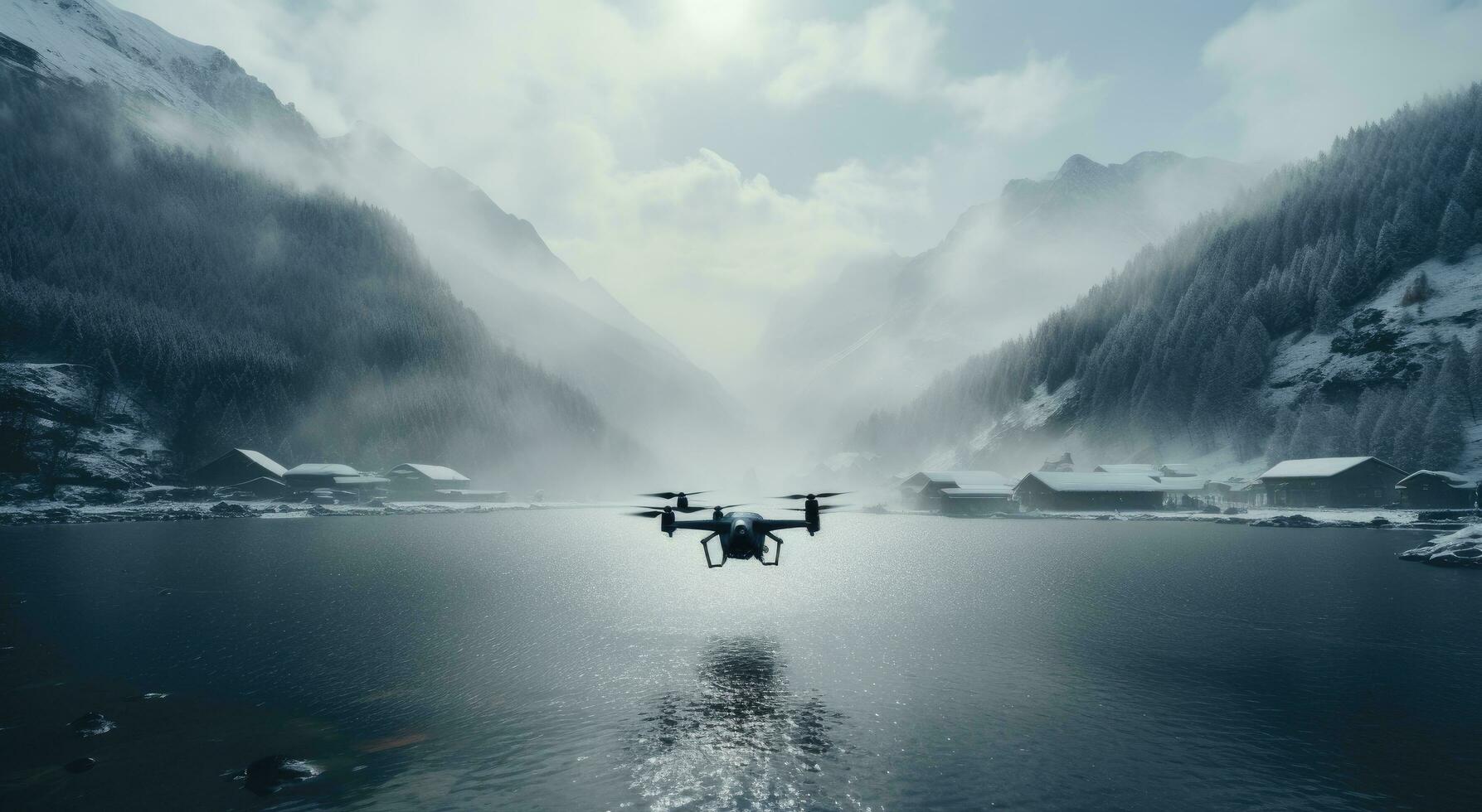 AI generated man flying drone around cloudy mountain water photo