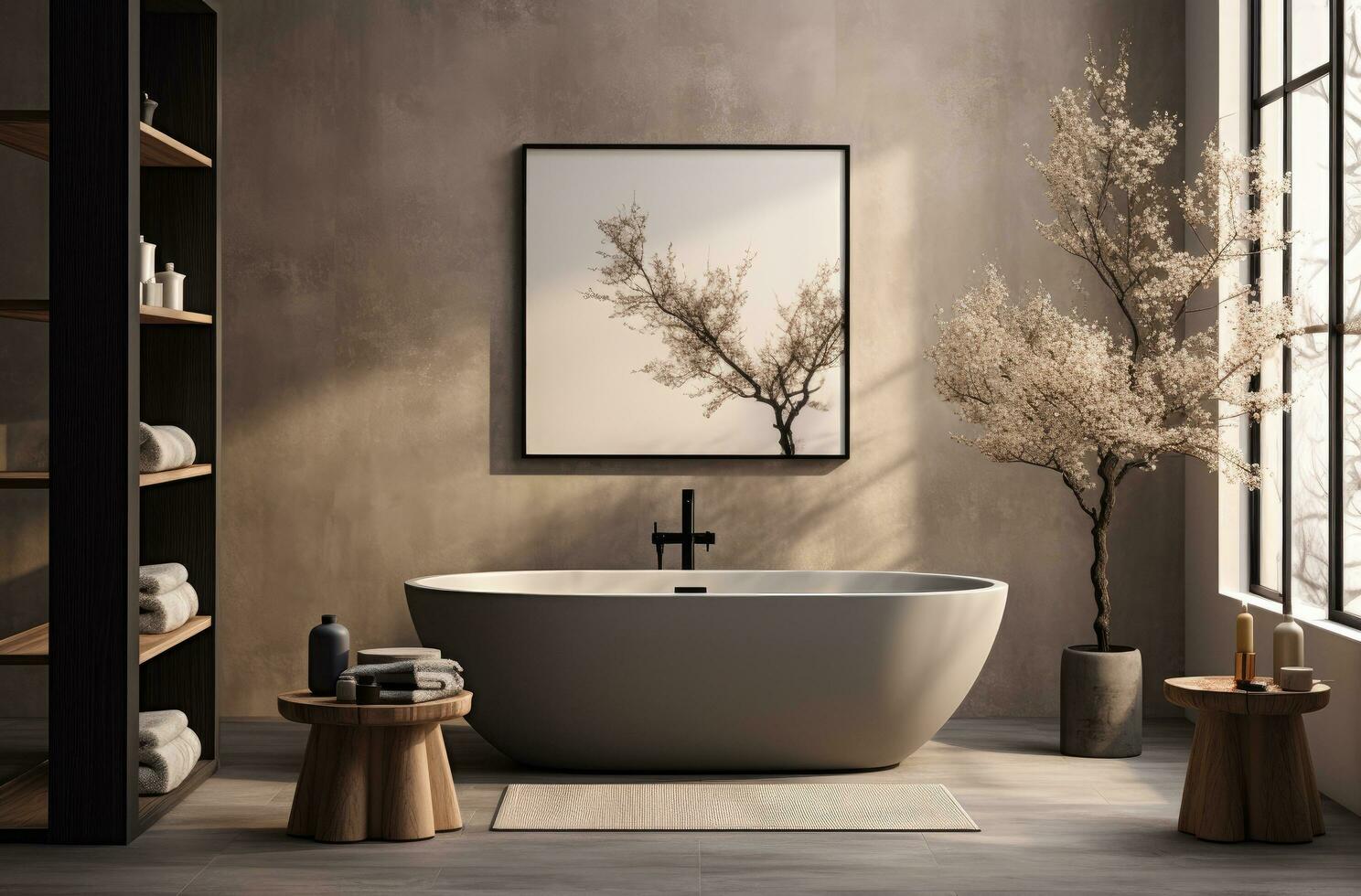 AI generated modern bathroom with tub and trees, photo