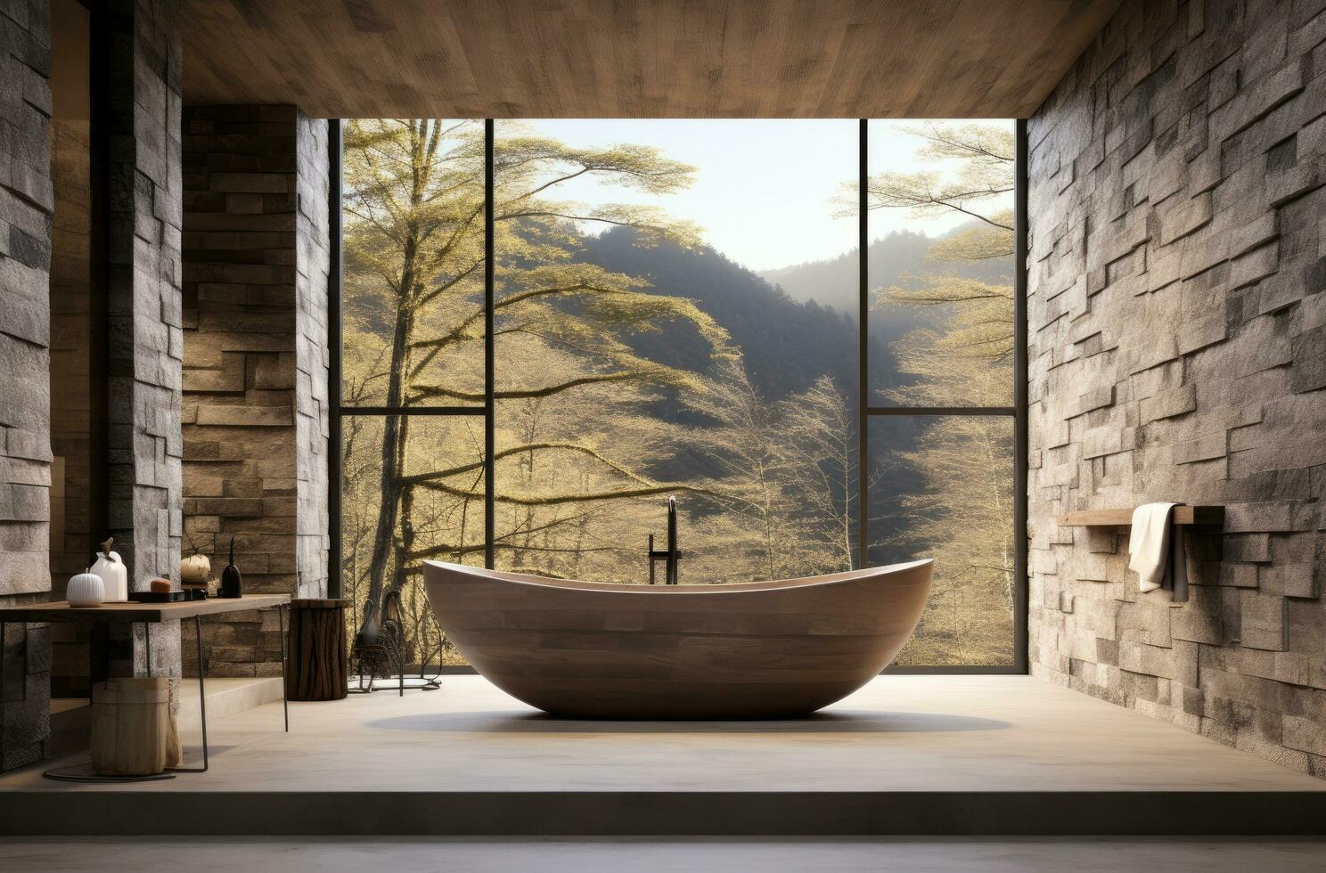 AI generated natural stone bathroom with a white tub, planter and huge windows photo