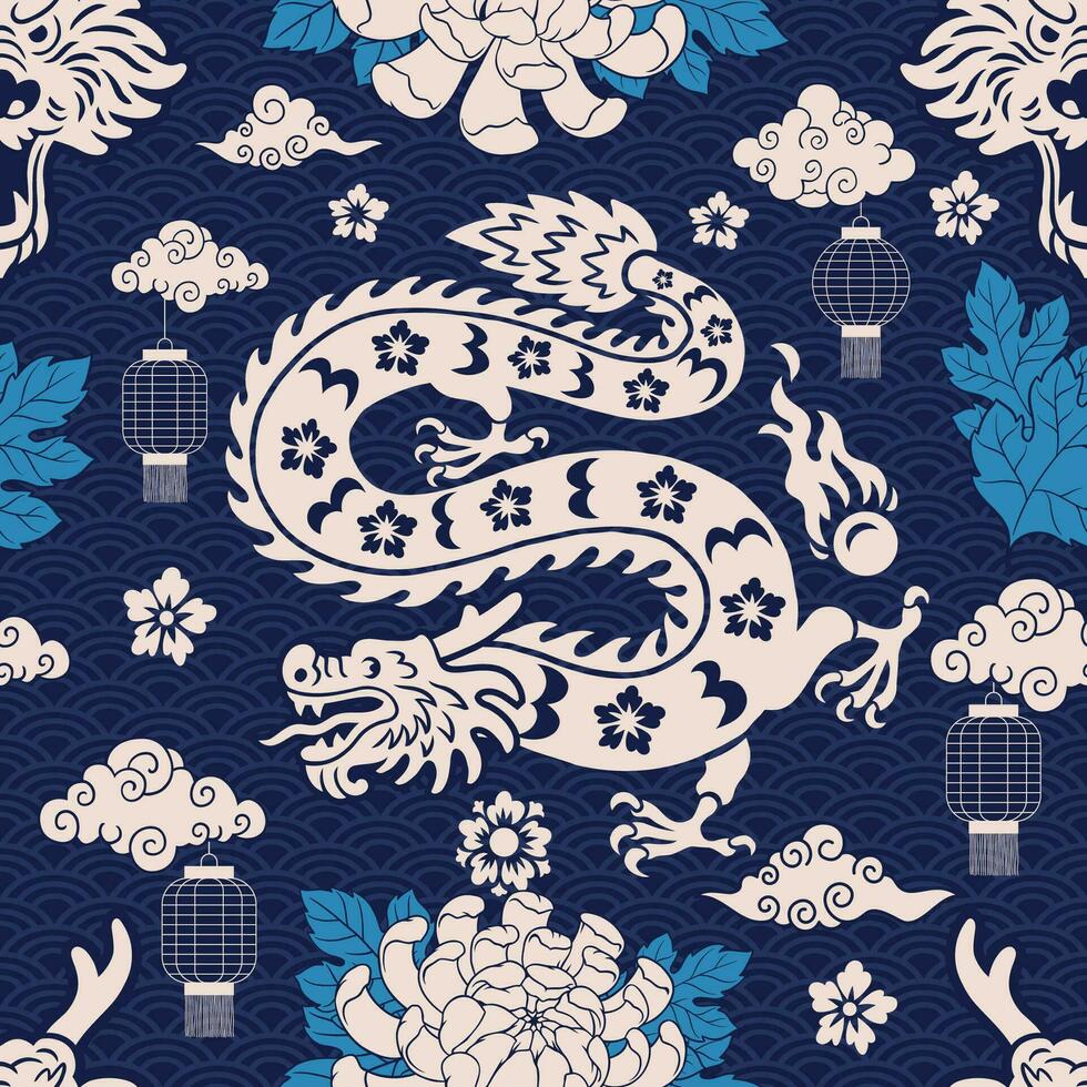 Oriental Seamless Pattern with Dragon and Flower vector