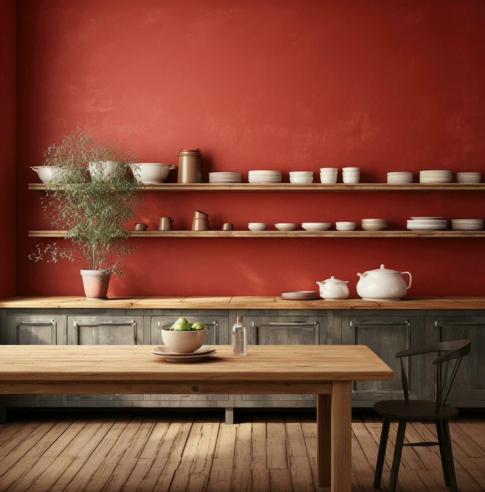 AI generated of a drab kitchen with red brick walls and a wooden table photo