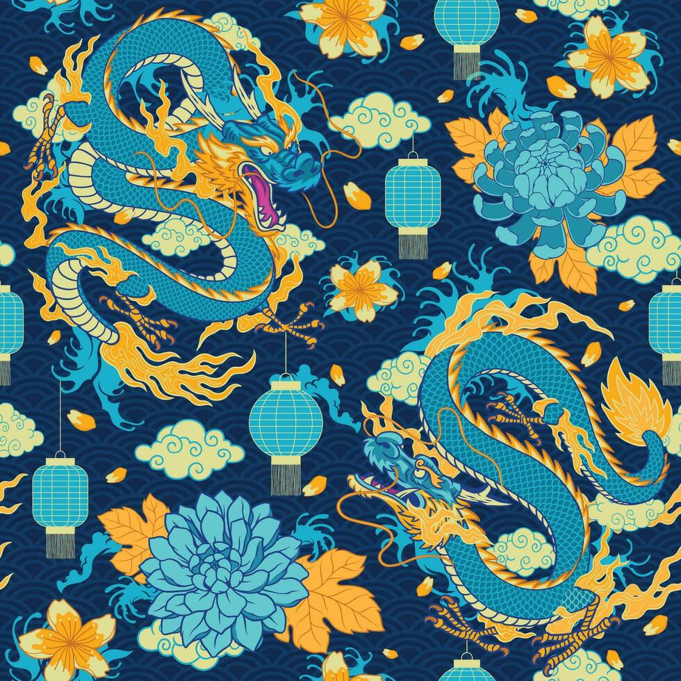 Seamless Pattern of Traditional Chinese Dragon Fighting, with Flower and Asian Element vector