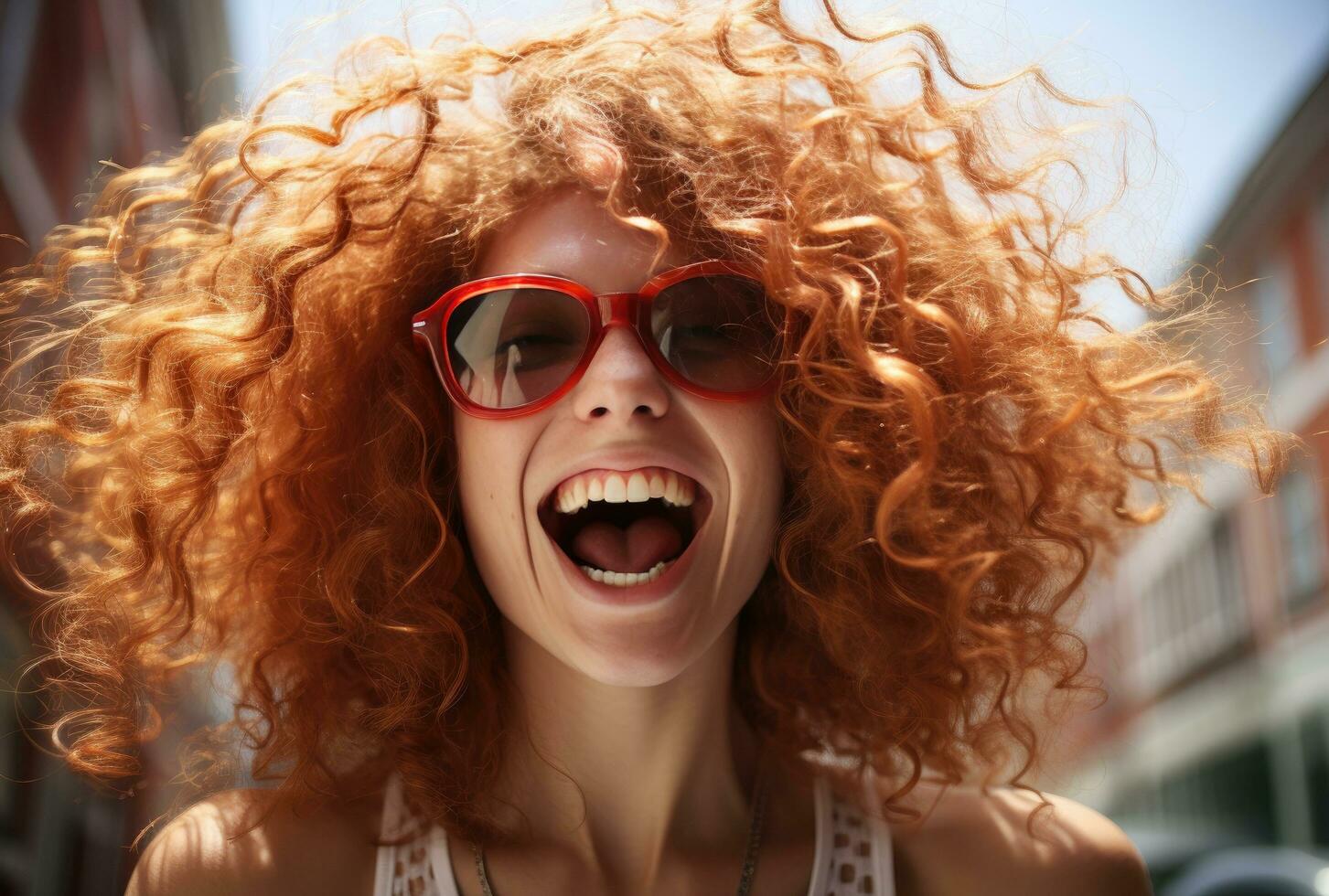 AI generated the woman is happy because the day is sunny but her hair is frizzy photo