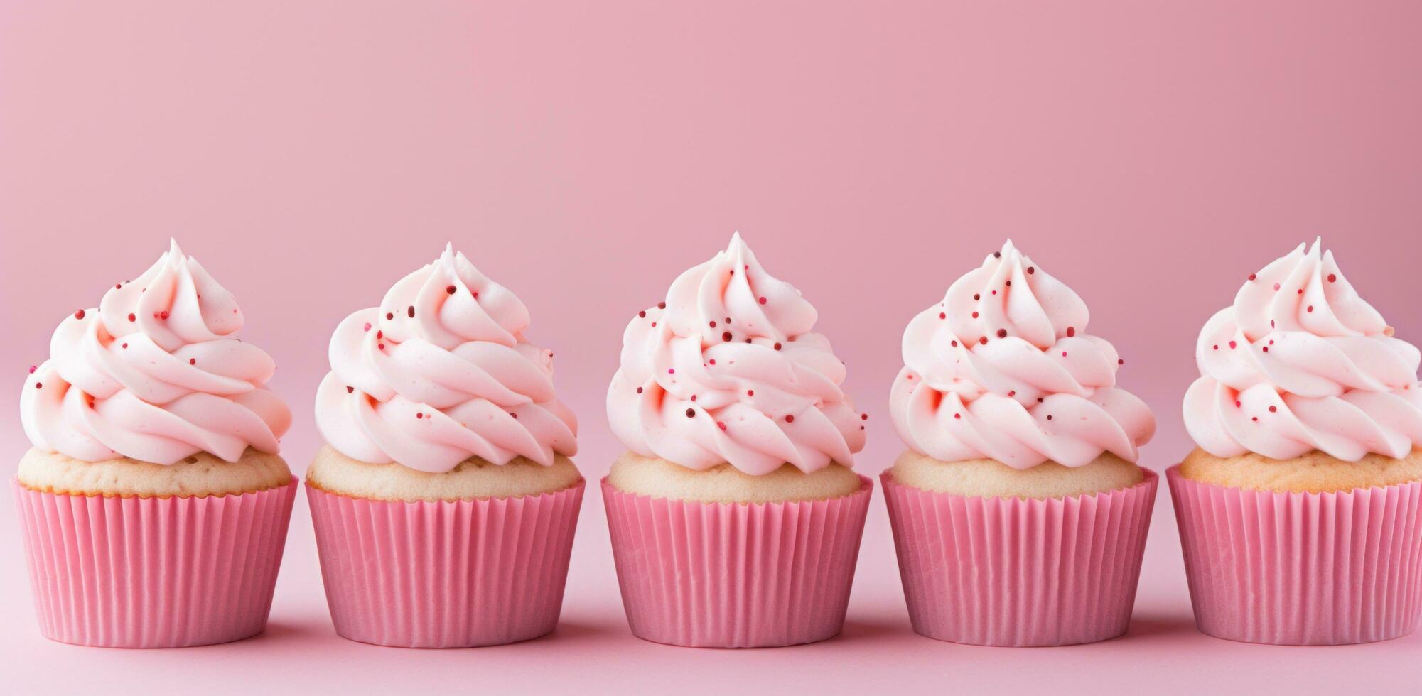 AI generated cupcakes with pink frosting are in a row on a pink background photo