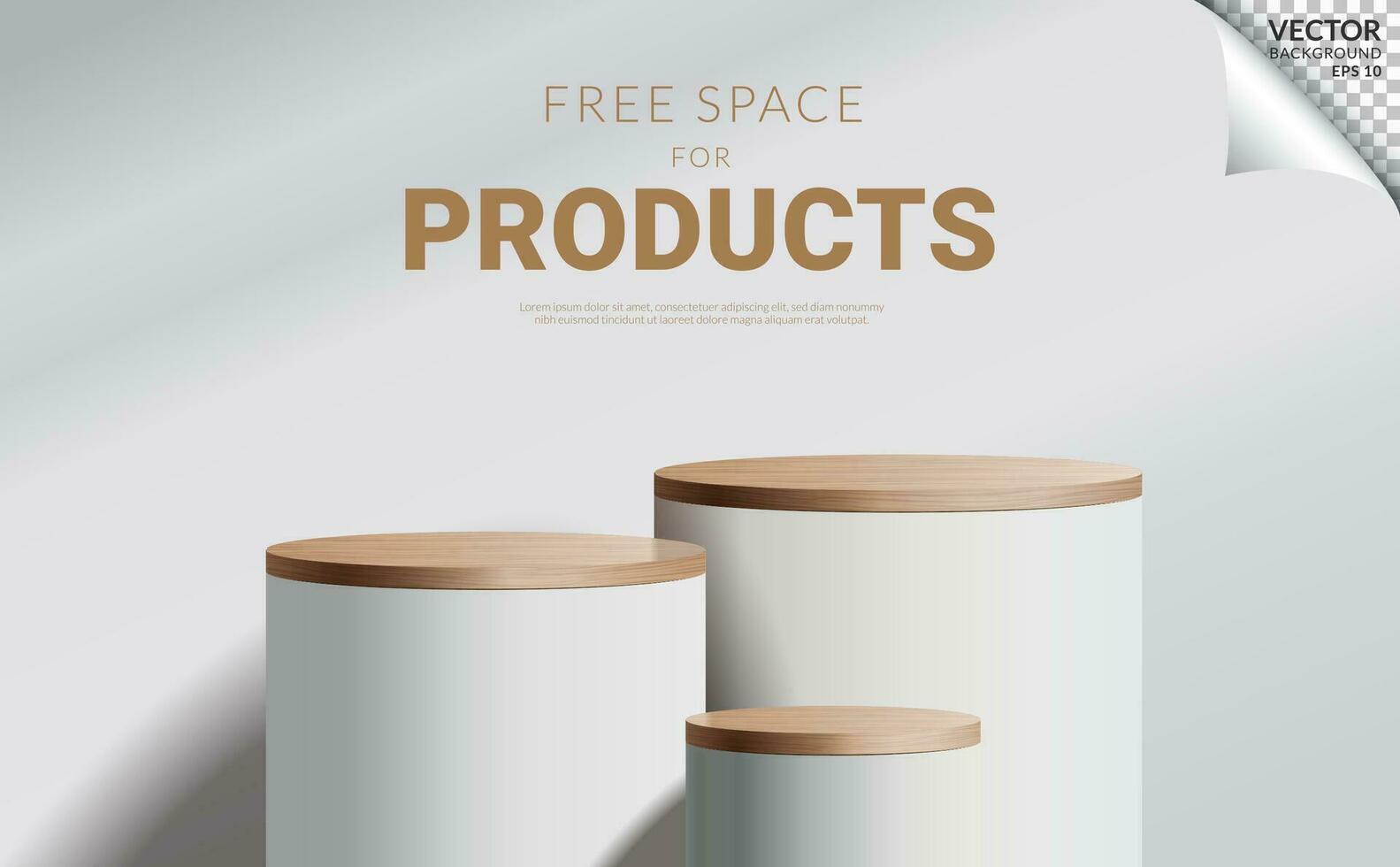 Three white podium pedestal wood top free space for home interior decoration product presentation on white background. Vector Illustration