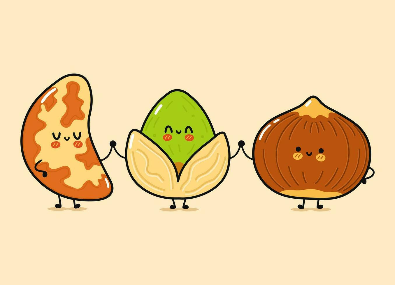 Cute, funny happy Brazilian nut, Pistachio and Hazelnut. Vector hand drawn cartoon kawaii characters, illustration icon. Funny cartoon Brazilian nut, Pistachio, Hazelnut mascot friends concept