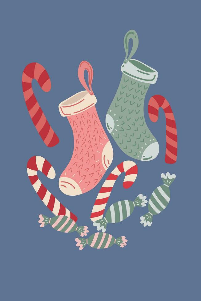 Christmas socks and candies hand drawn set vector