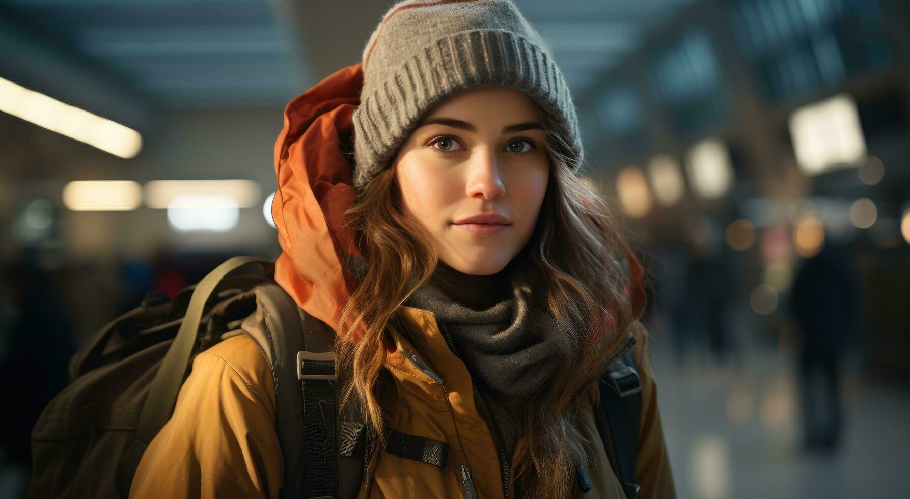 AI generated young woman standing with a backpack in an airport photo
