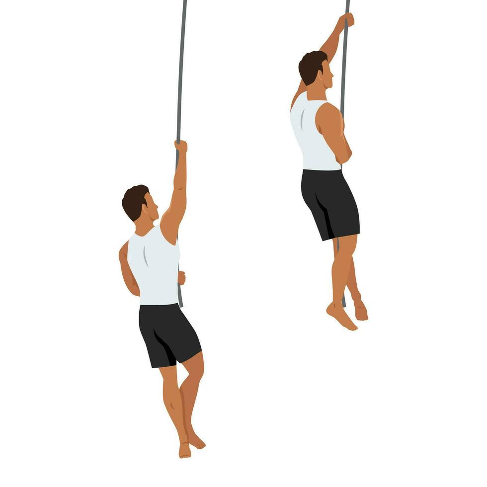 Man doing rope climb workout exercise. vector