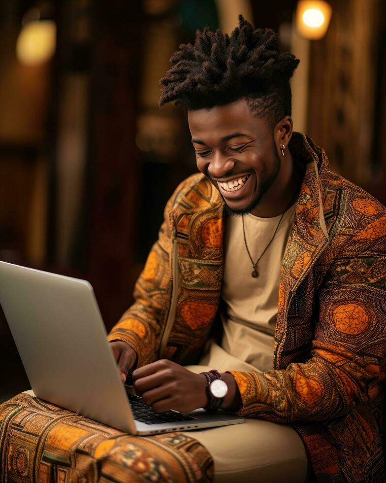 AI generated young young man on a laptop while smiling photo