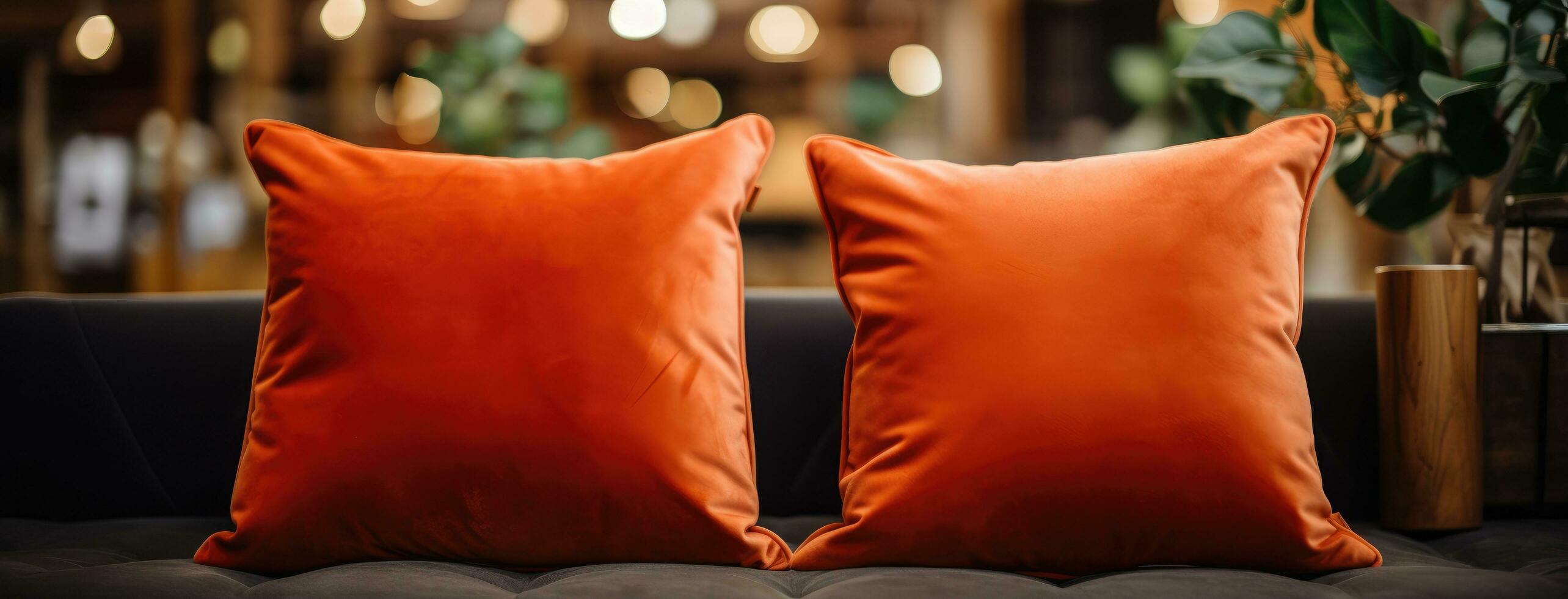 AI generated two decorative cushions are seated on a black couch with a large plant photo