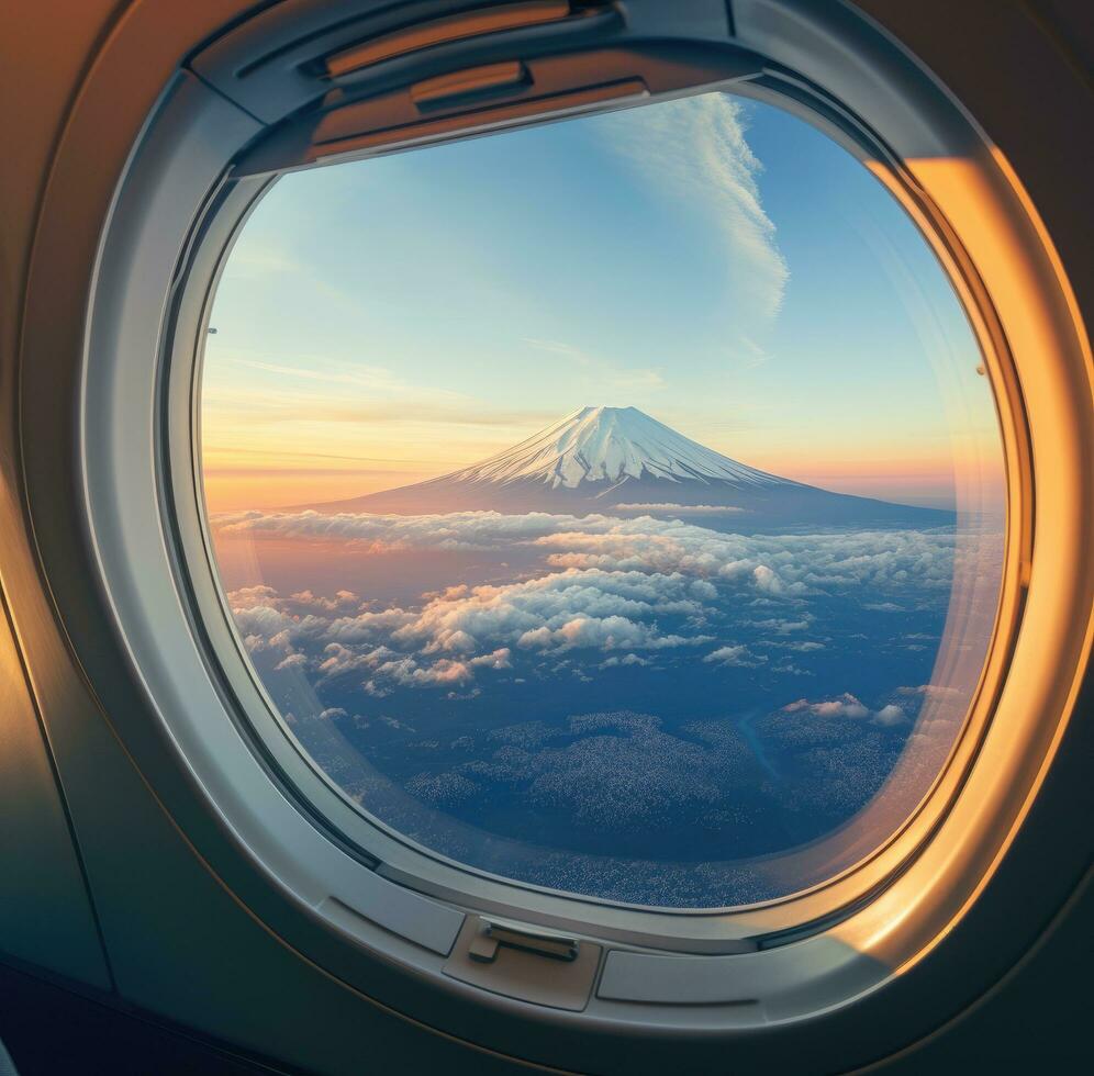 AI generated view of the mount mountain from the window of an airplane photo